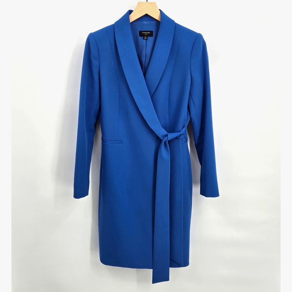Tahari ASL 2 Side-Tie Blazer Dress Atlantic Blue Wrap Long Sleeve Collared - Picture 2 of 10